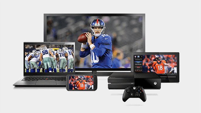 NFL games playing on a TV, laptop, tablet, smartphone and game console